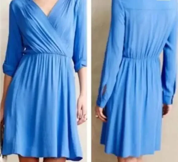 Anthropologie Maeve Lene Blue Crepe Faux Wrap Dress - Picture 1 of 5